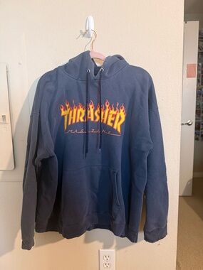 Thrasher Flame Logo Hoodie - Dark Blue with Yellow & Red Flames